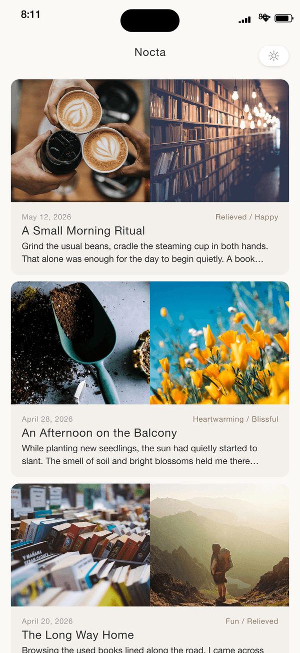 Nocta — journal list with photo entries